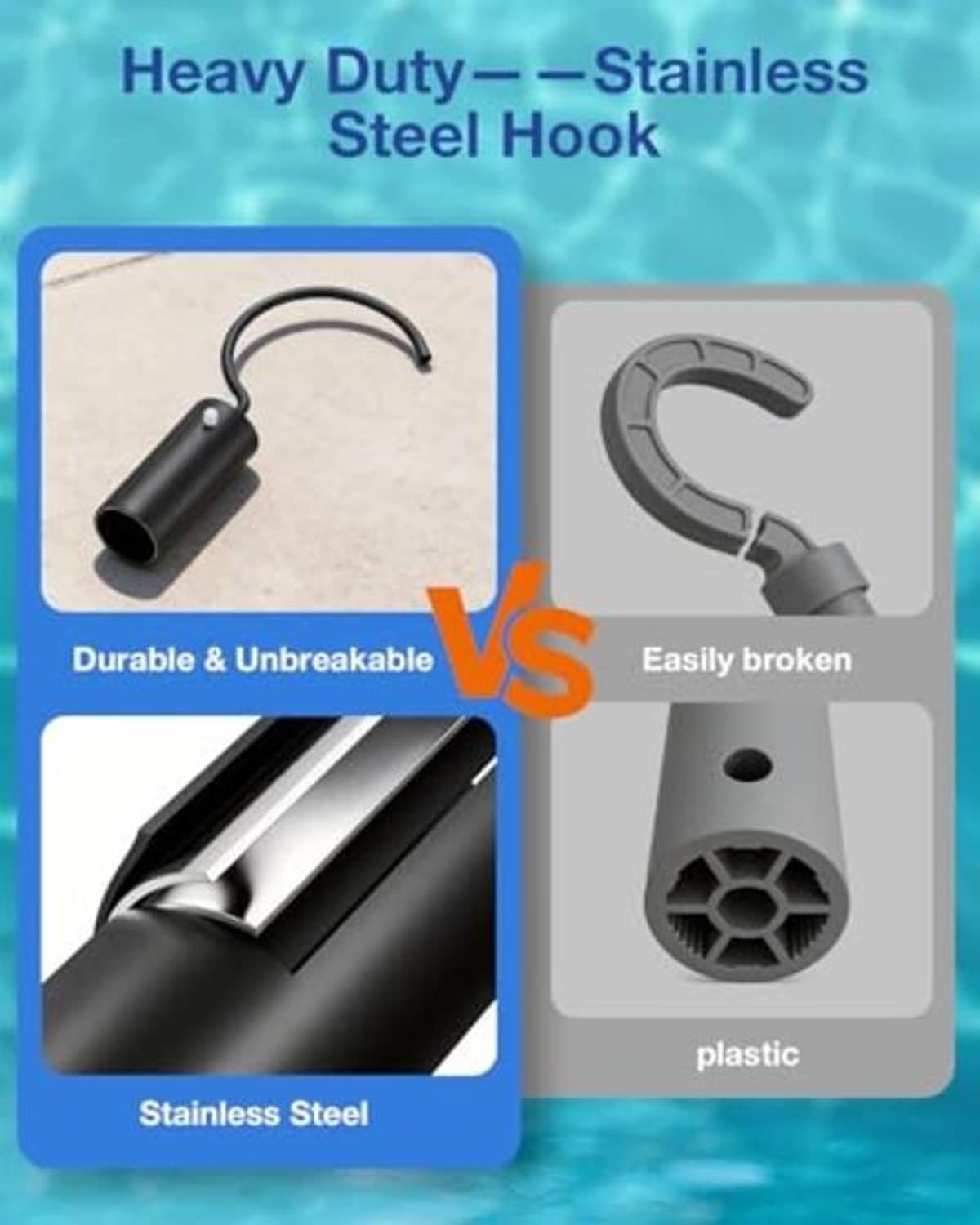 Stainless steel pool hook with black cylindrical holder shown in comparison view