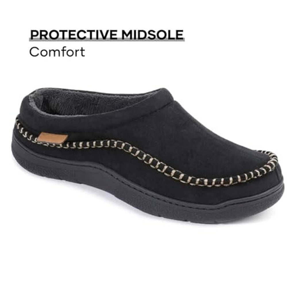 Men's black slip-on moccasin slippers with tan/gold chain-stitch trim