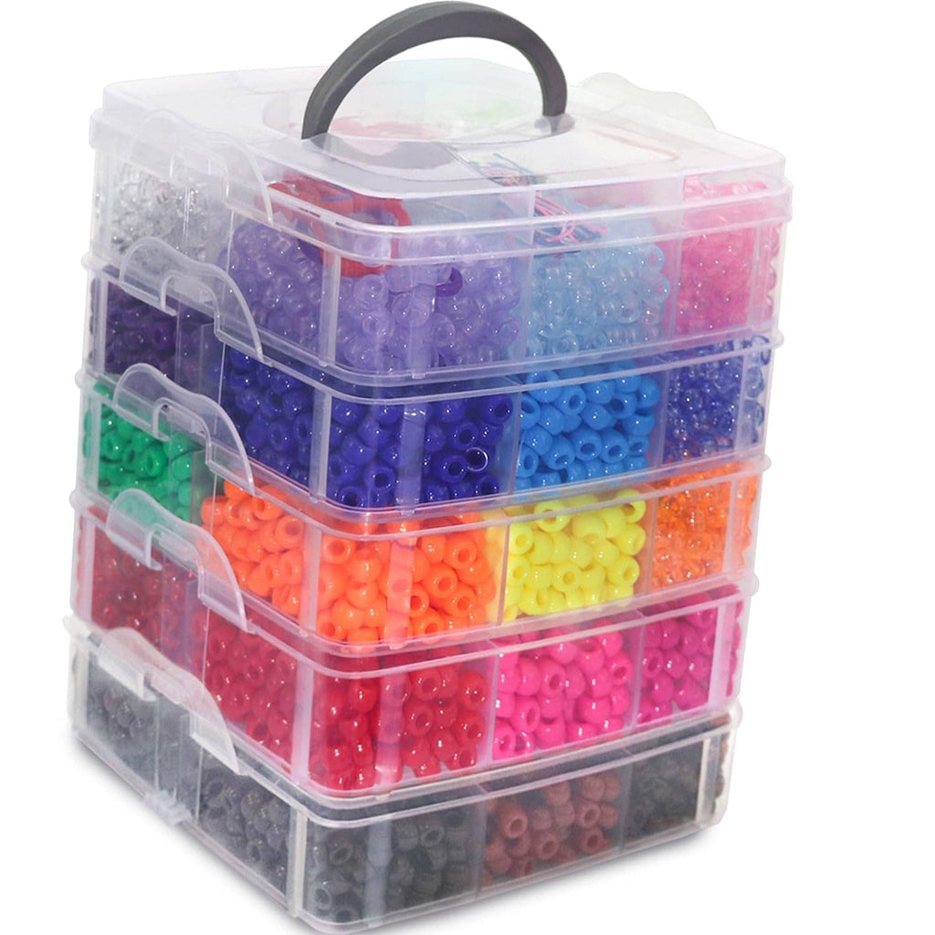 Rainbow pony beads bulk in a clear stackable storage case with handle