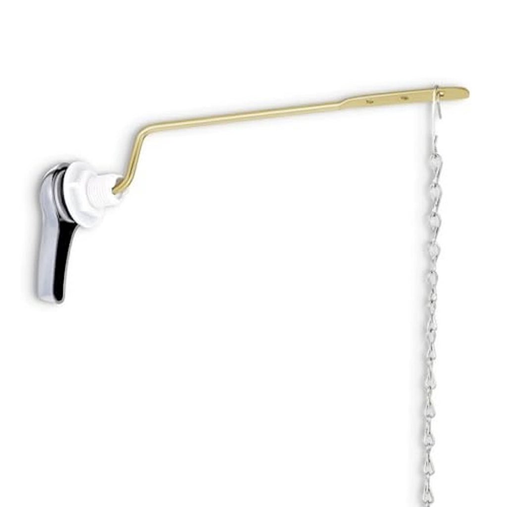 Toilet flush lever replacement kit with white handle, brass arm, and hanging chain