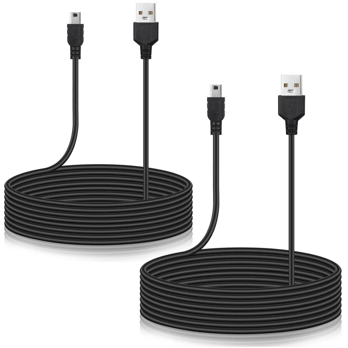 2-pack USB A to Mini-B charging cables, black, with coiled 15 ft length