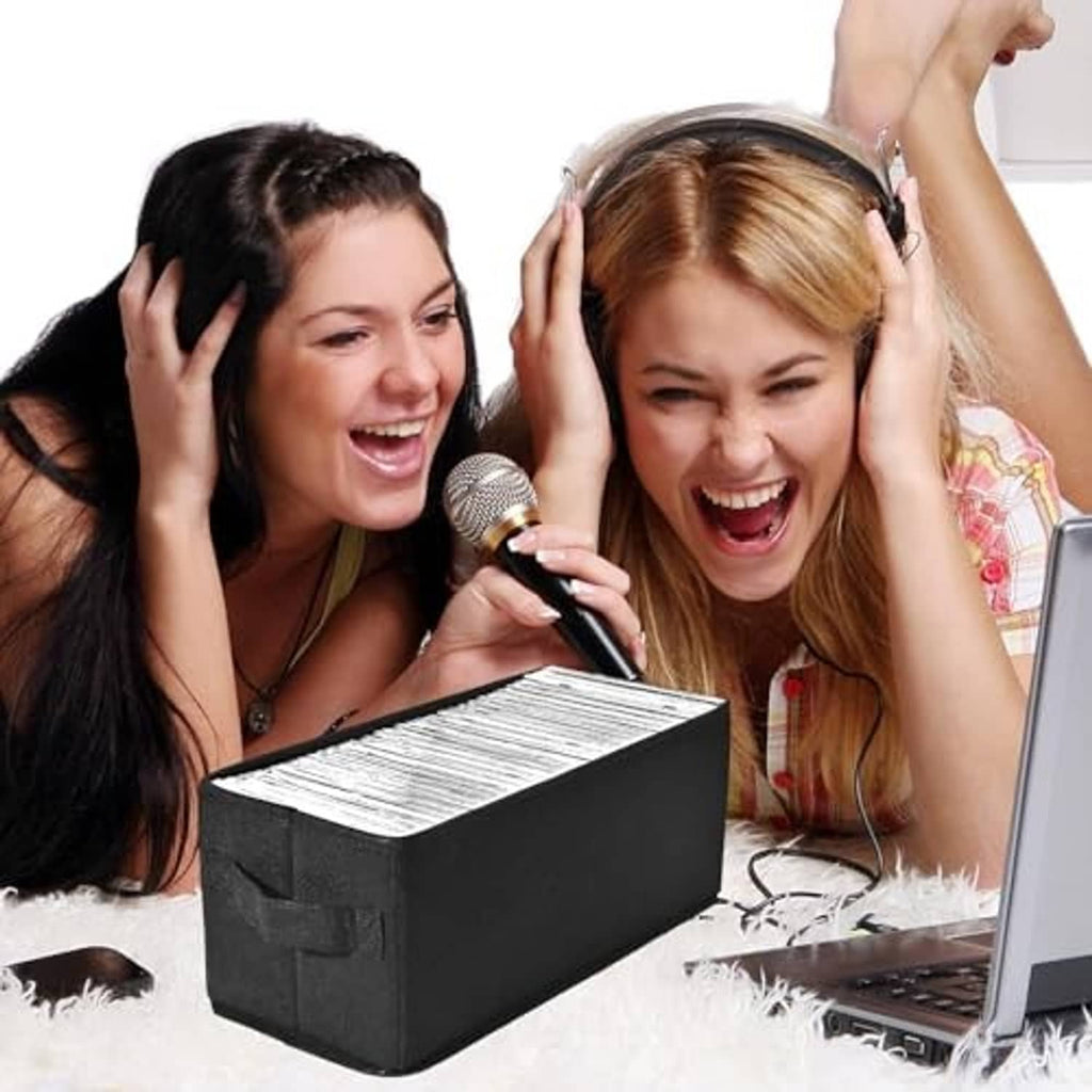 Black foldable CD storage box with hinged lid on a tabletop