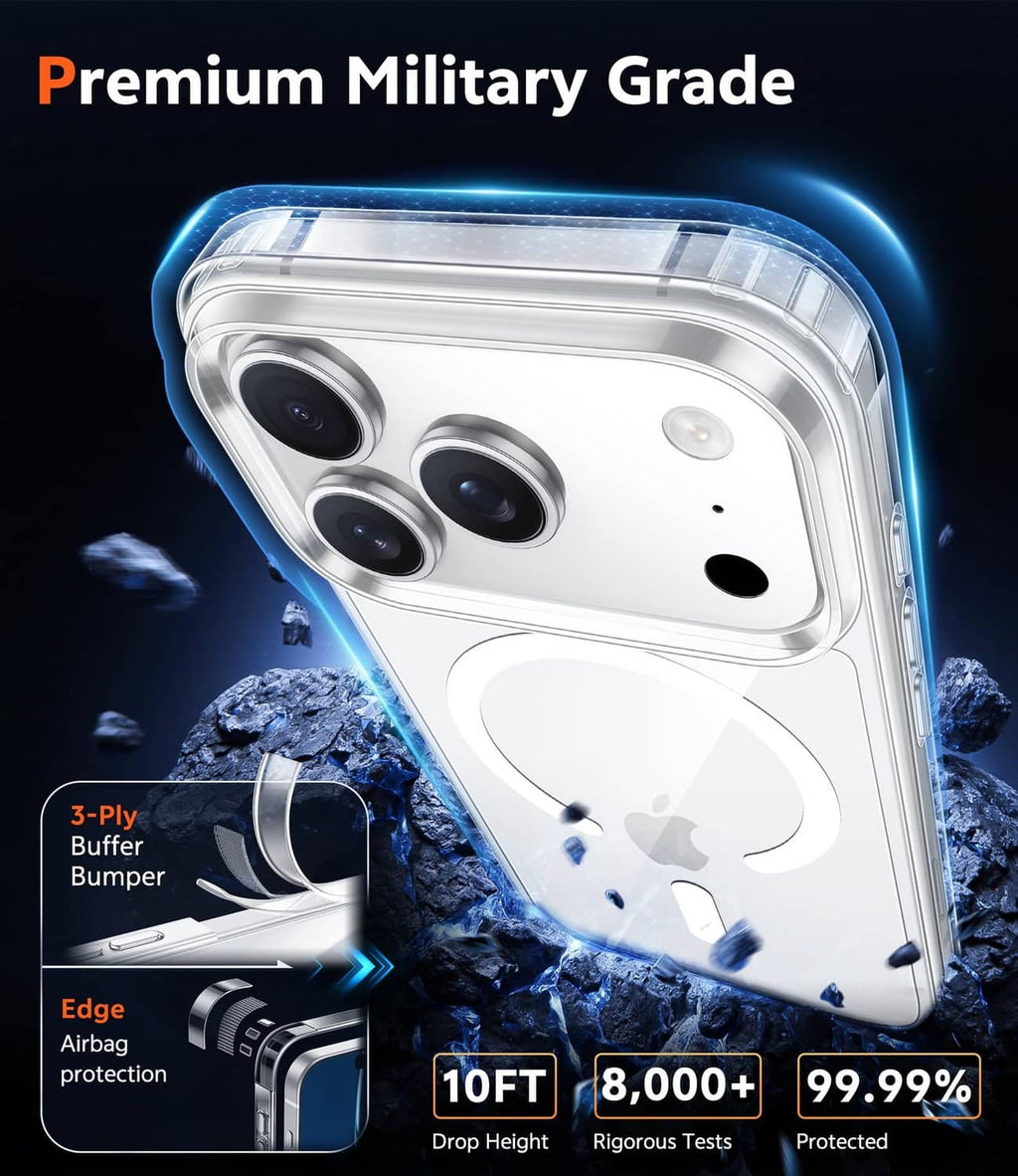 Rugged clear iPhone 17 Pro Max case with raised camera protection and bumper