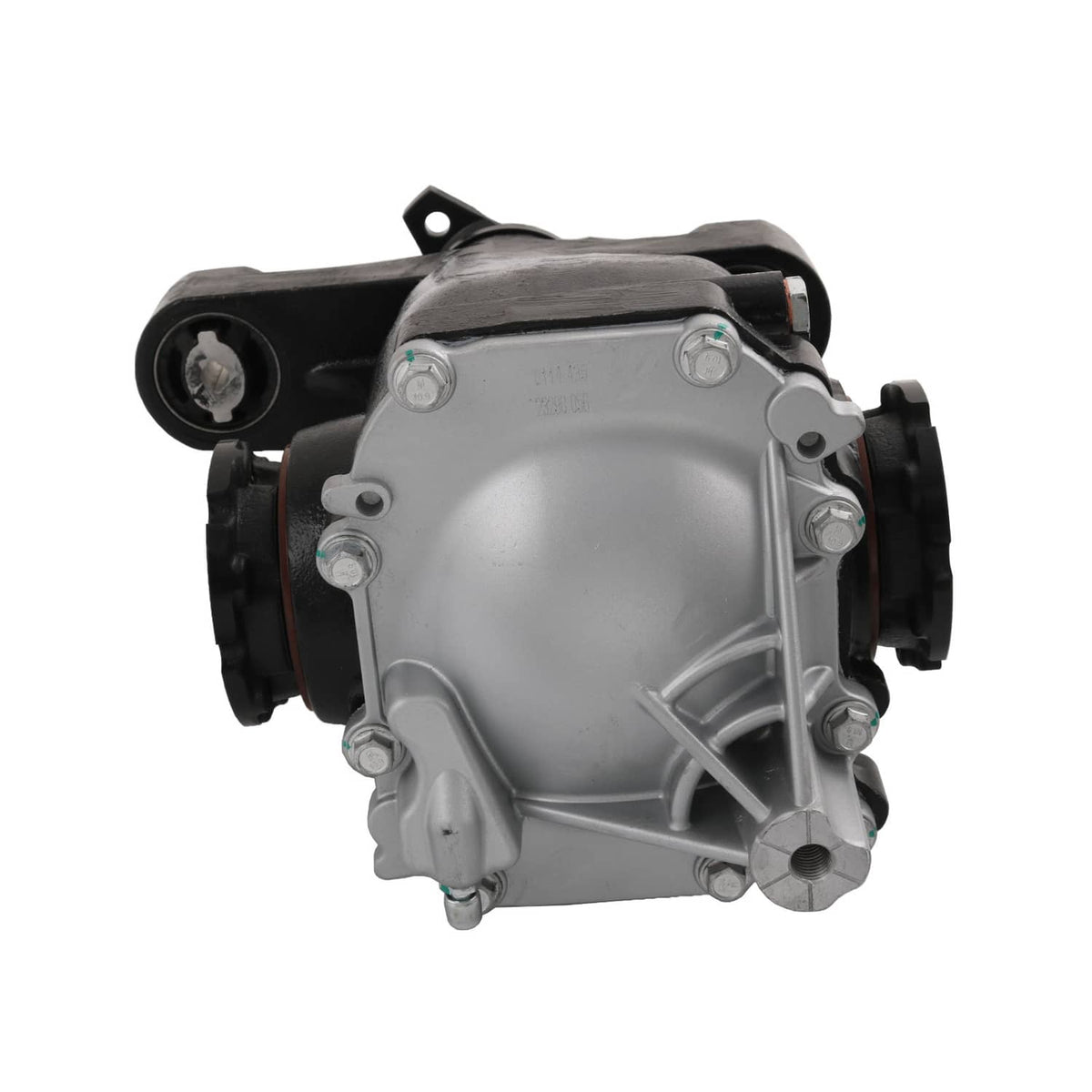 Rear differential carrier assembly, silver metal cover with black end brackets and mounts