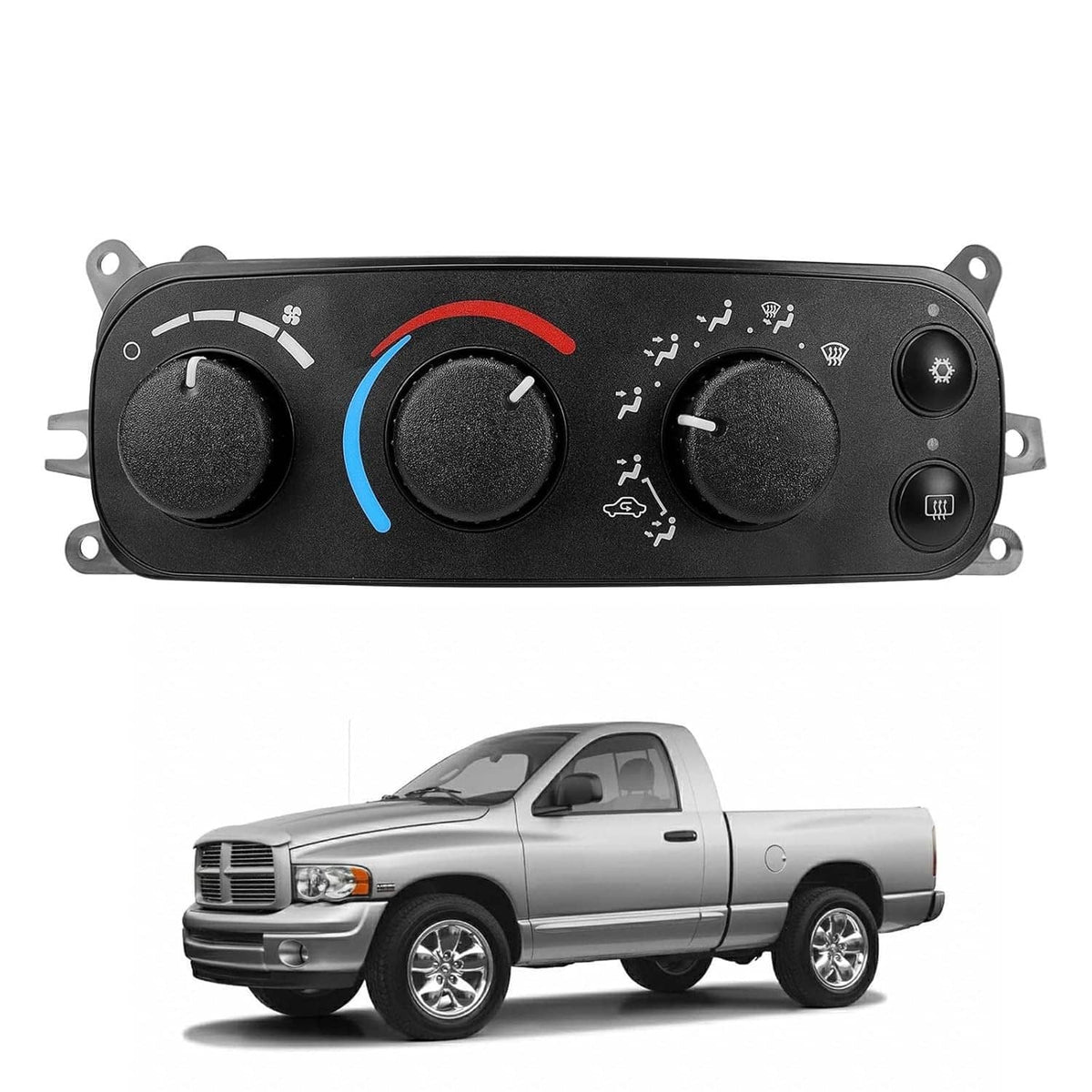 A/C heater climate control module in black with three round knobs and climate icon graphics