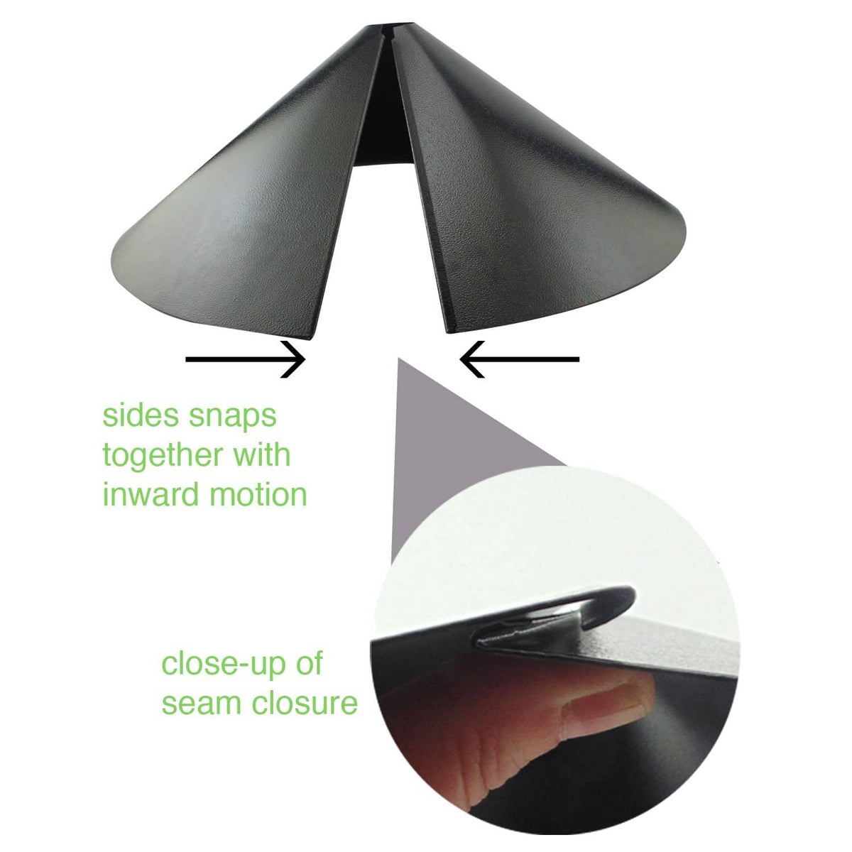 Black wrap-around baffle panels with snap-together seam closure