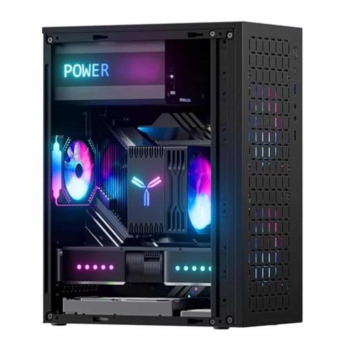 Black mini PC case with open side panel, visible cooling fans and RGB-style lighting