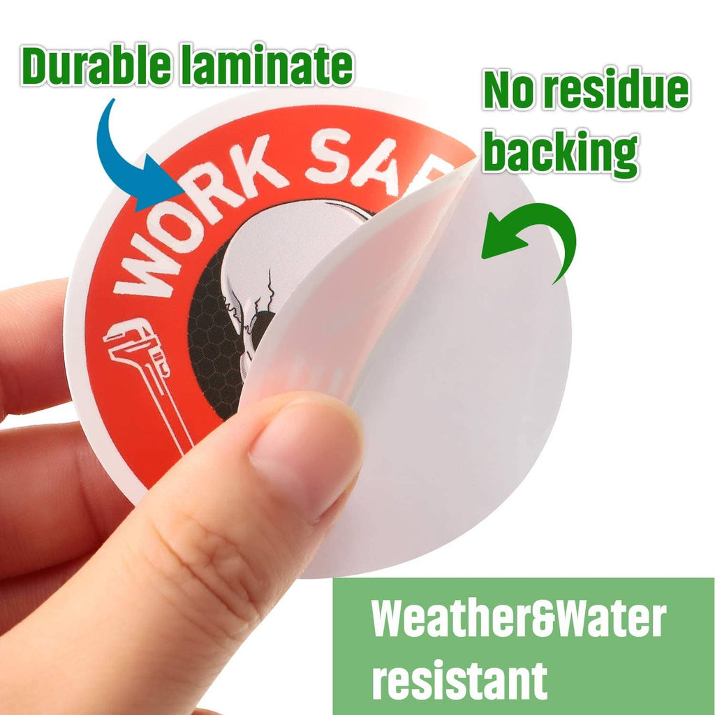 Round hard hat safety sticker, red and white 'Work Safe' design, weather-resistant