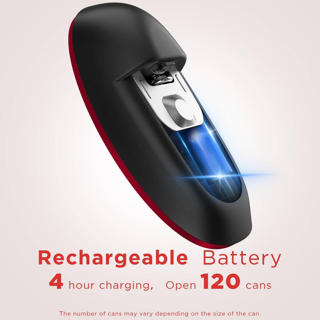 Black and red electric can opener with USB charging port and blue indicator