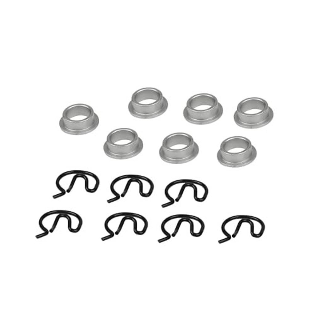 Manual shifter bushing kit with silver steel sleeves and black spring clips