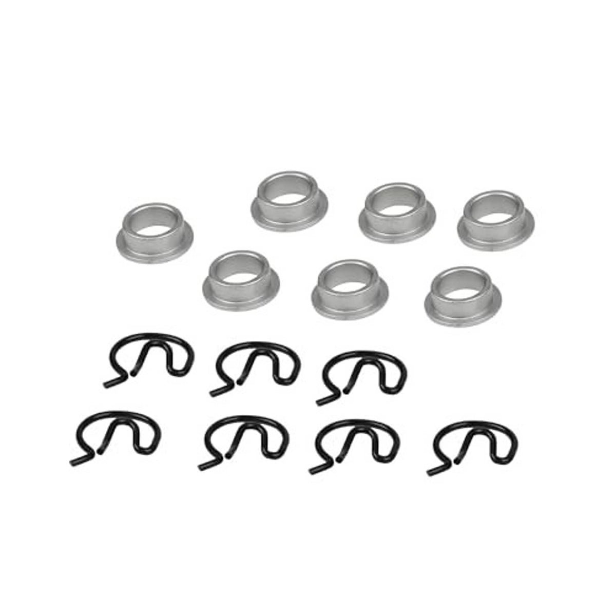 Manual shifter bushing kit with silver steel sleeves and black spring clips