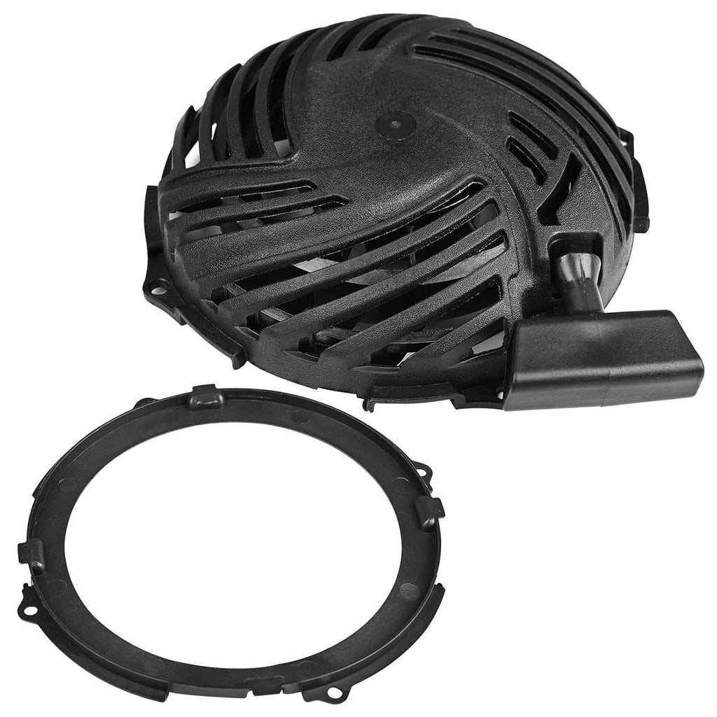 Black recoil starter housing with pull handle and separate rewind ring