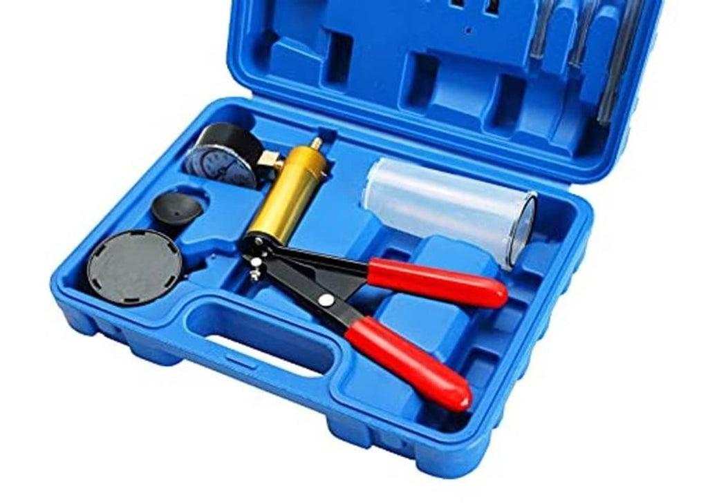 Vacuum brake bleeder tester kit in blue case with gauge, pump, and red-handled levers