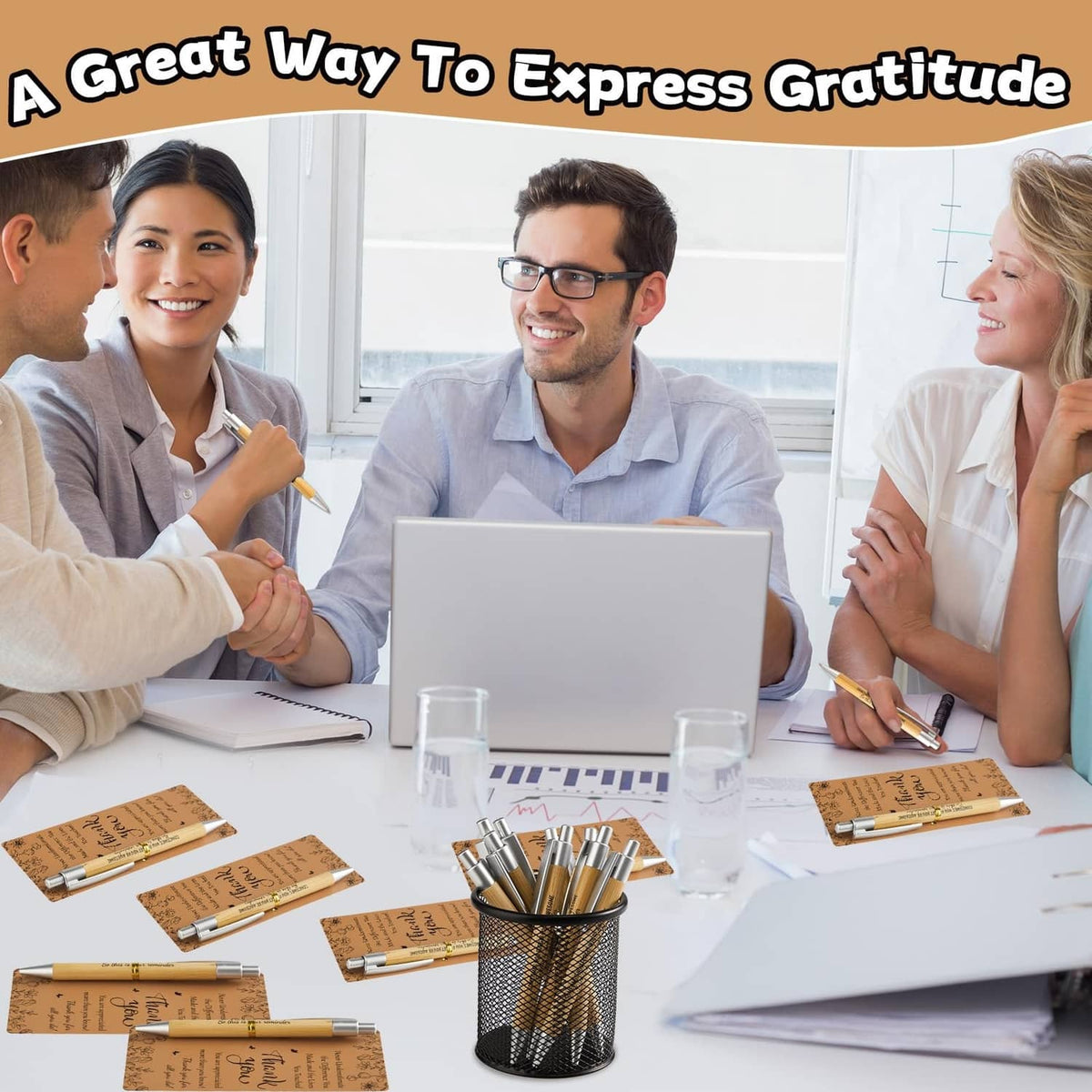Thank-you pen and card set on table for team gratitude, several cards and pens visible