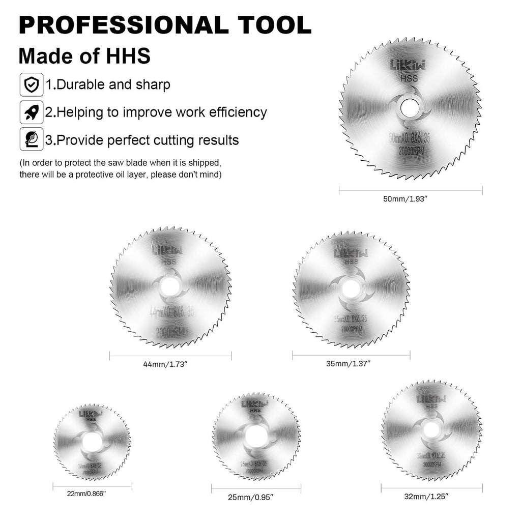 Set of small rotary saw blades with center holes, sizes shown for circular cutting discs