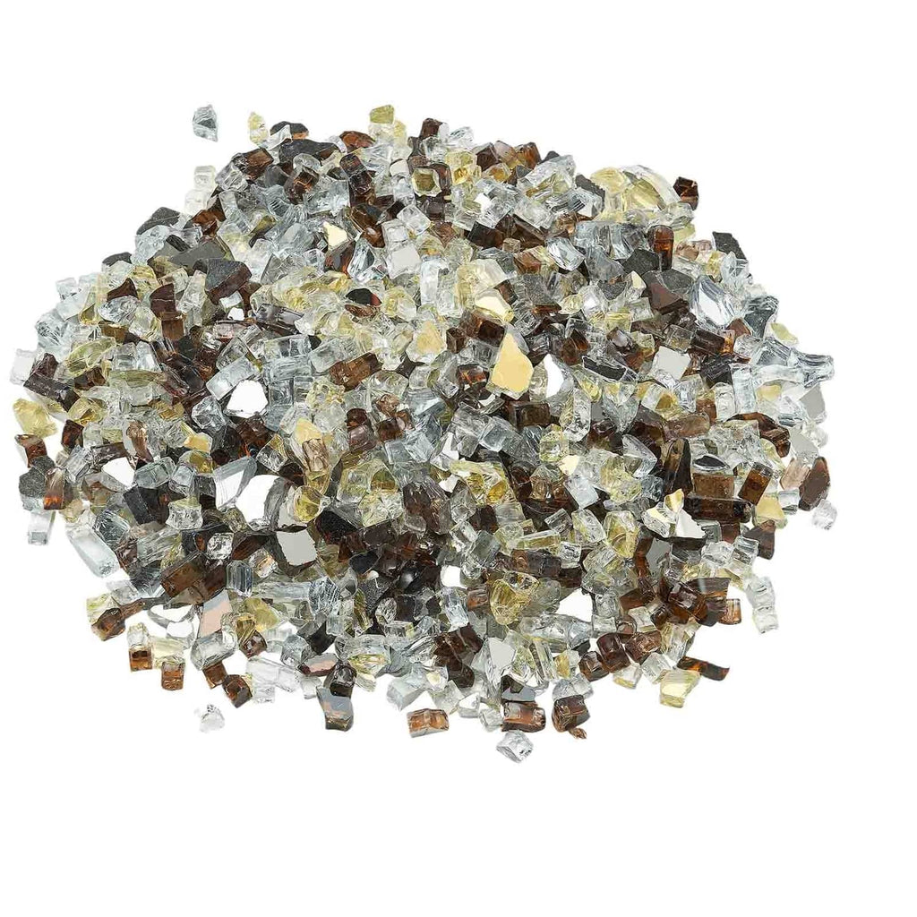 Mixed clear, copper, and gold crushed glass rocks pile for fire pit use