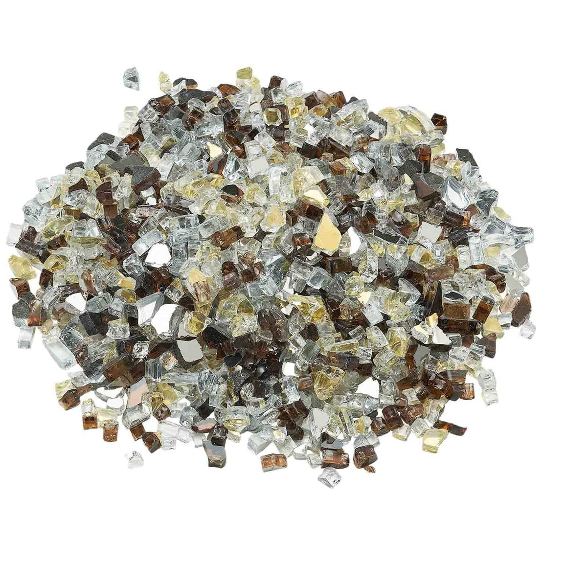 Mixed clear, copper, and gold crushed glass rocks pile for fire pit use