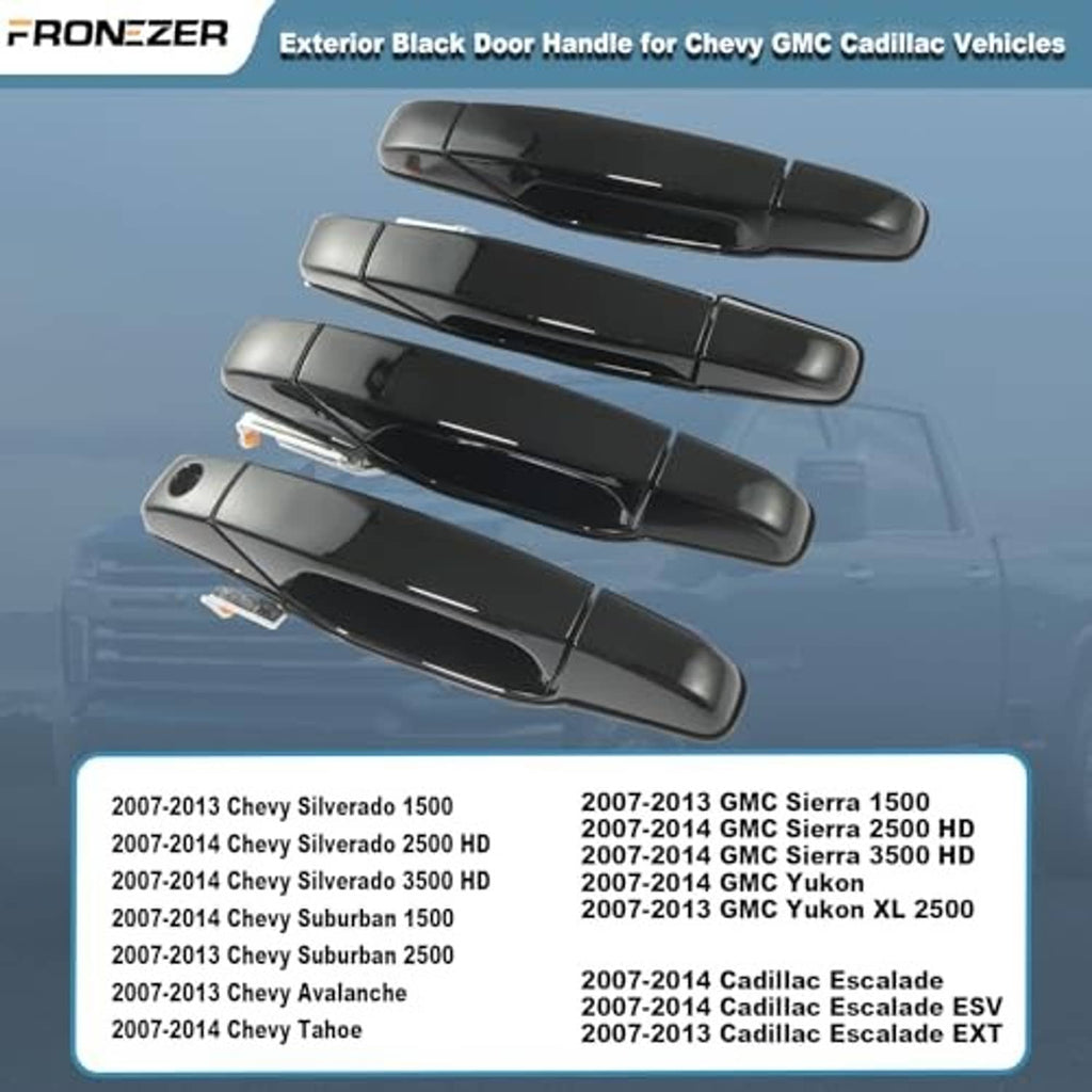Four glossy black exterior door handles displayed for vehicle fitment, angled overview