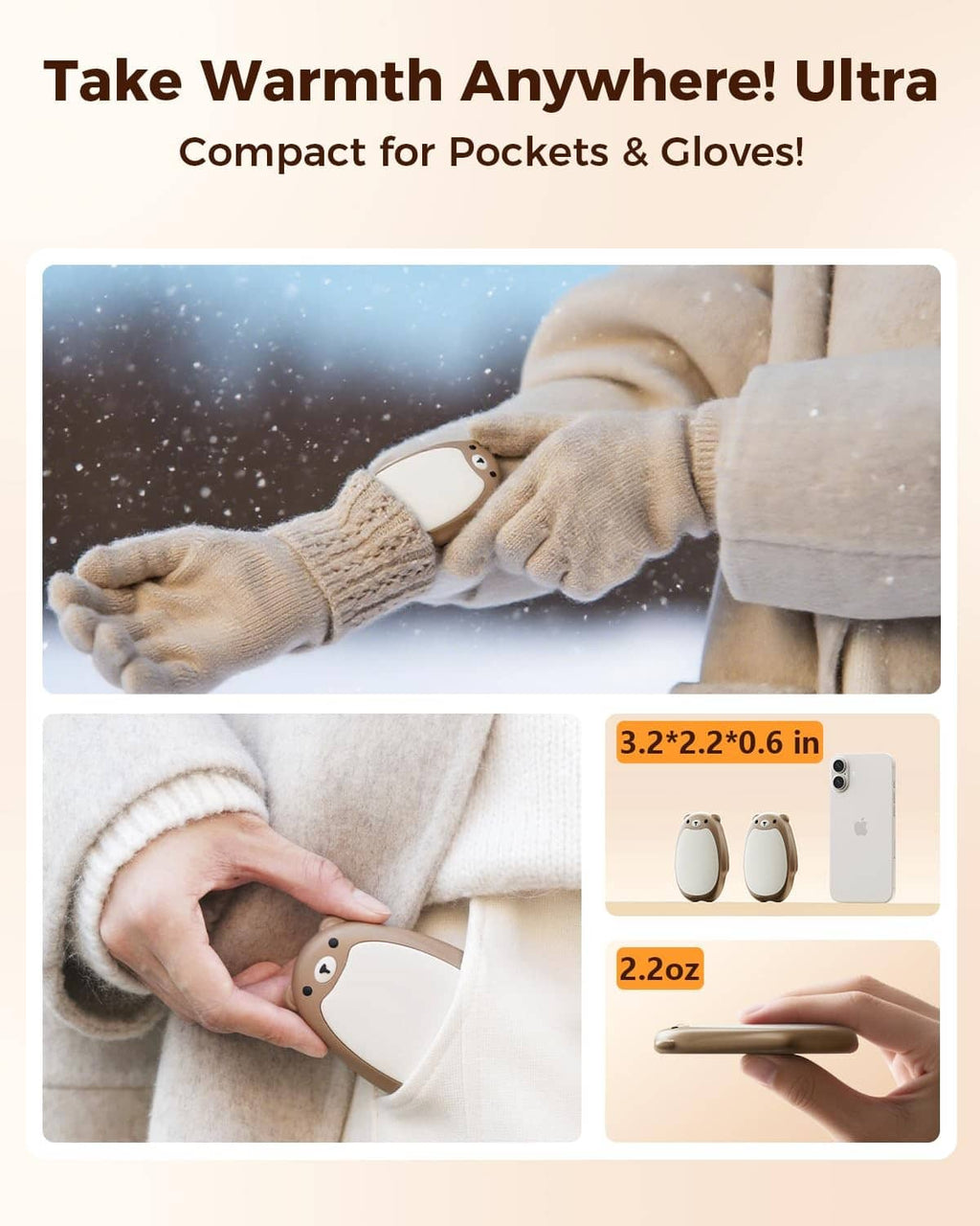 Compact brown bear hand warmers for pockets and gloves, two pack shown in hand