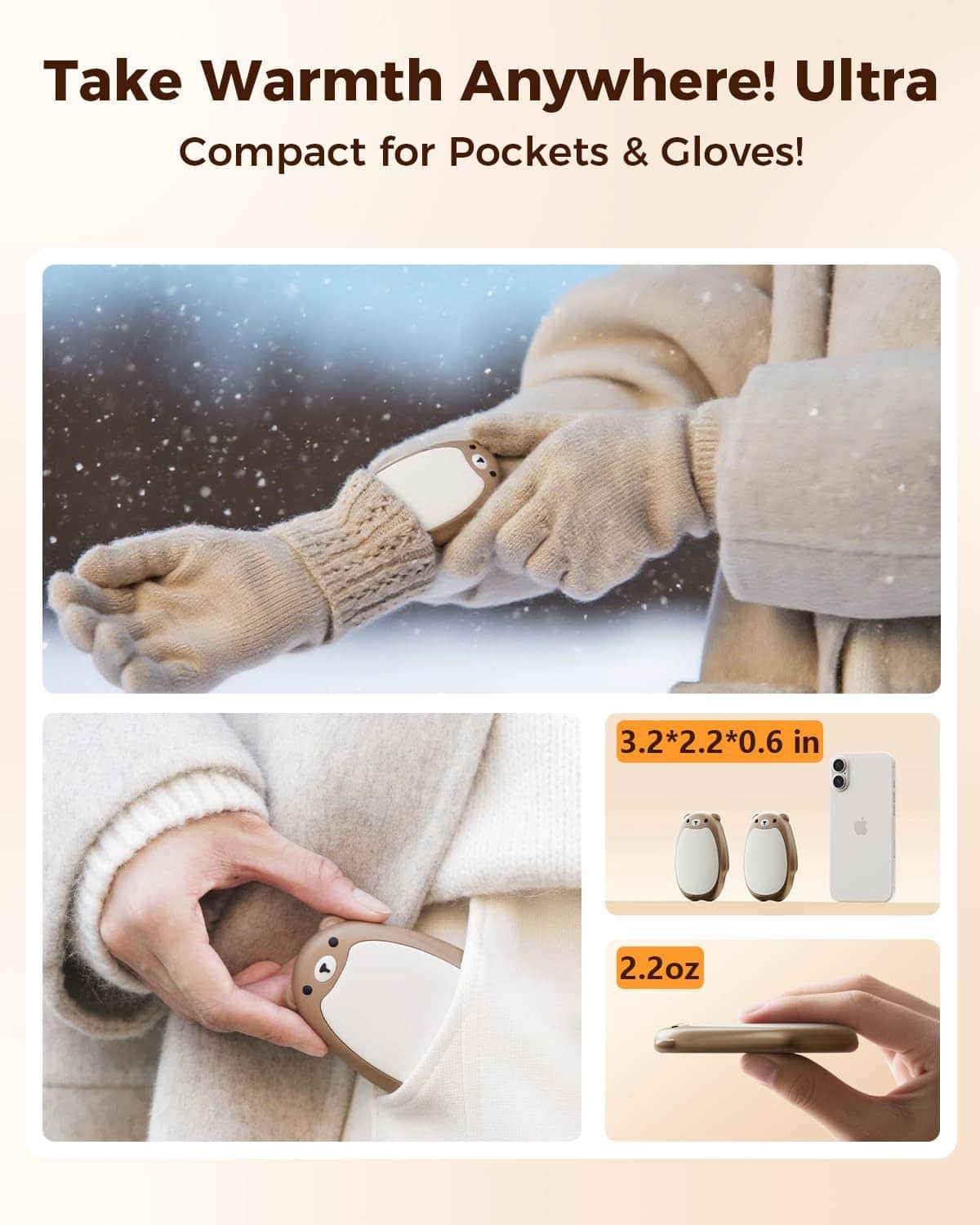 Compact brown bear hand warmers for pockets and gloves, two pack shown in hand