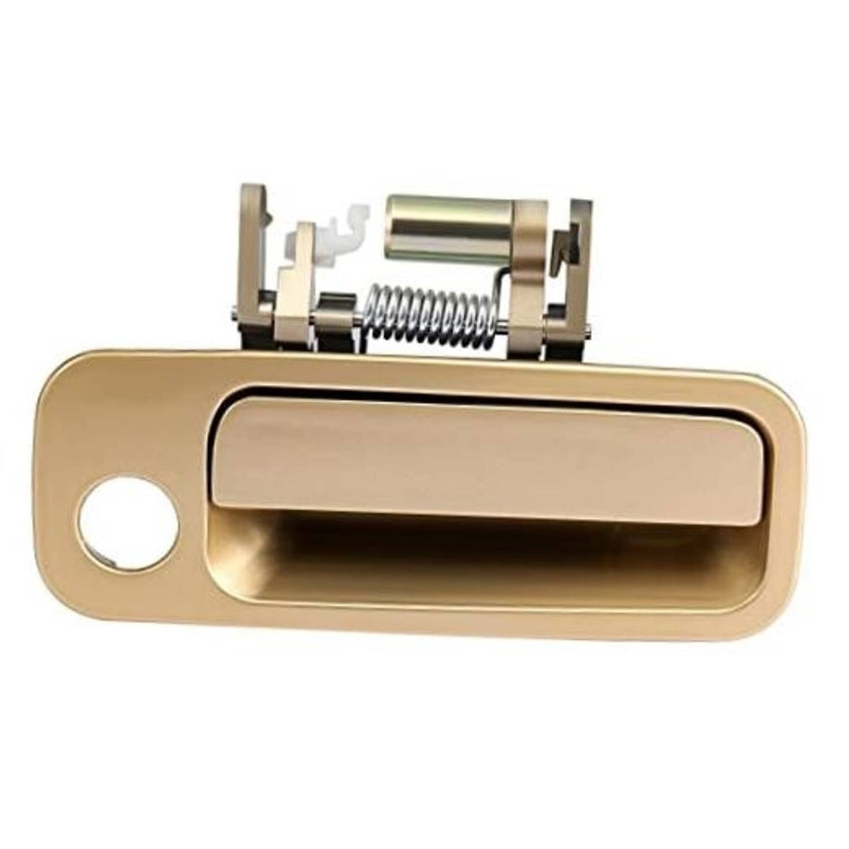 Tan exterior door handle with exposed spring mechanism, front passenger side
