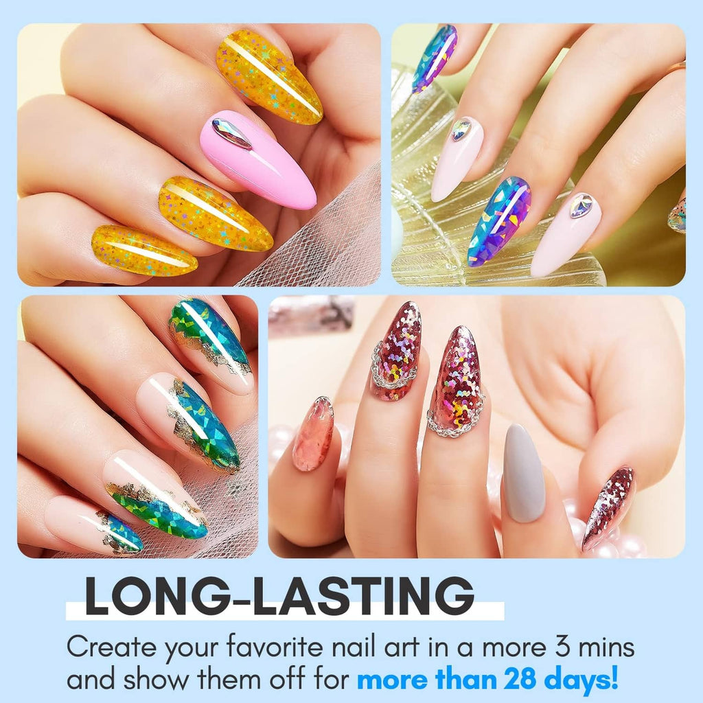 Hands with long nails featuring foil-glue style designs