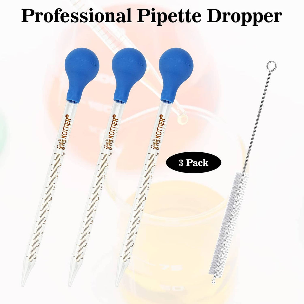 3-pack glass pipette droppers with blue rubber bulbs and included wire cleaner