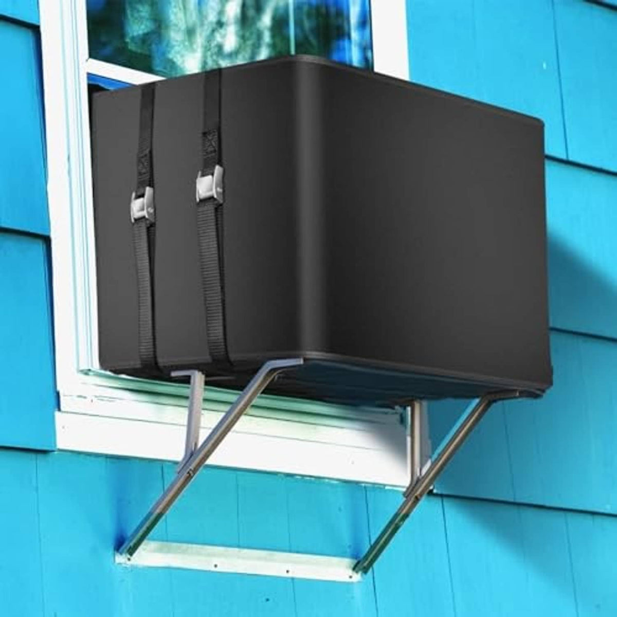 Black insulated outdoor window AC cover with adjustable front straps