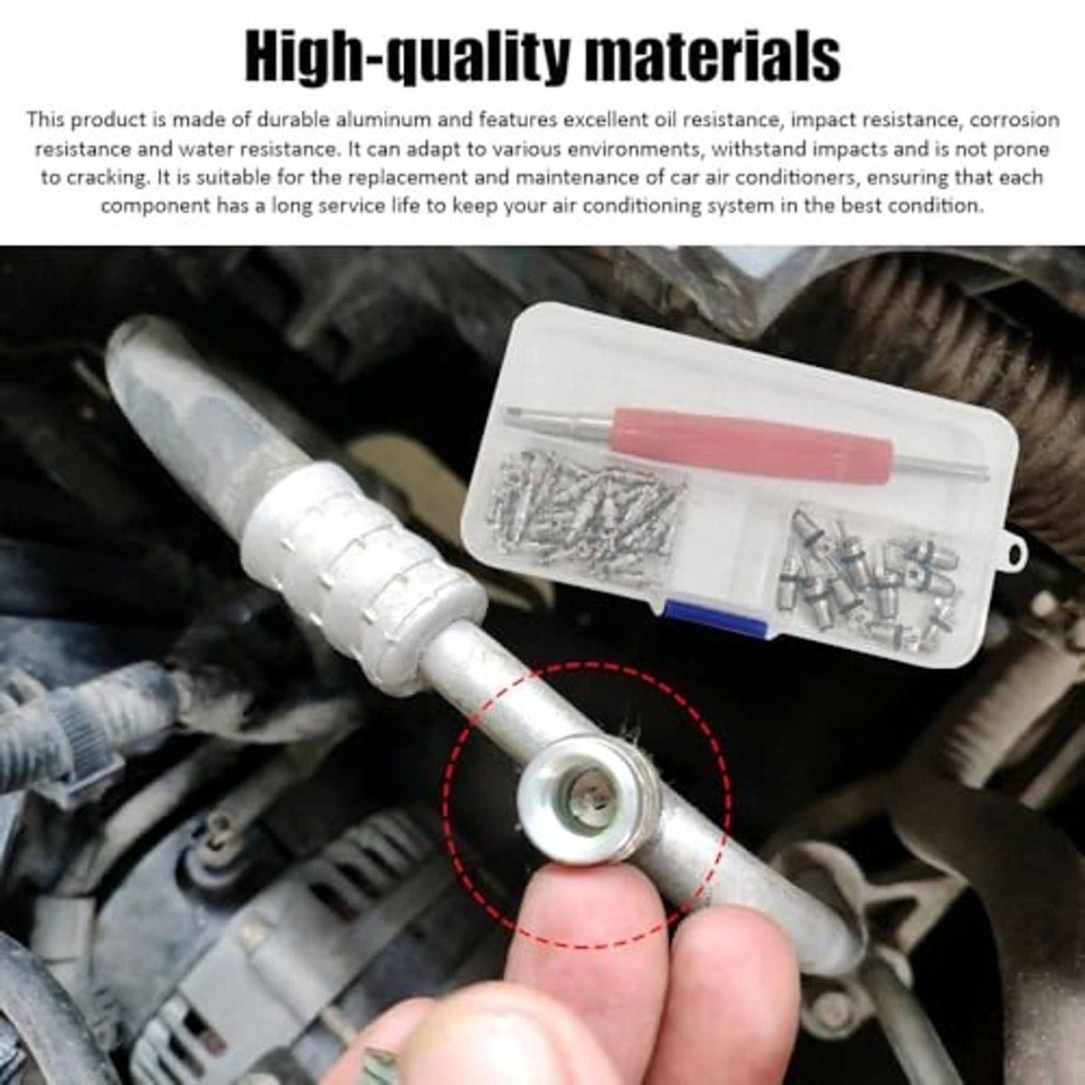 Valve core removal tool kit with red handle and clear case, shown near engine parts