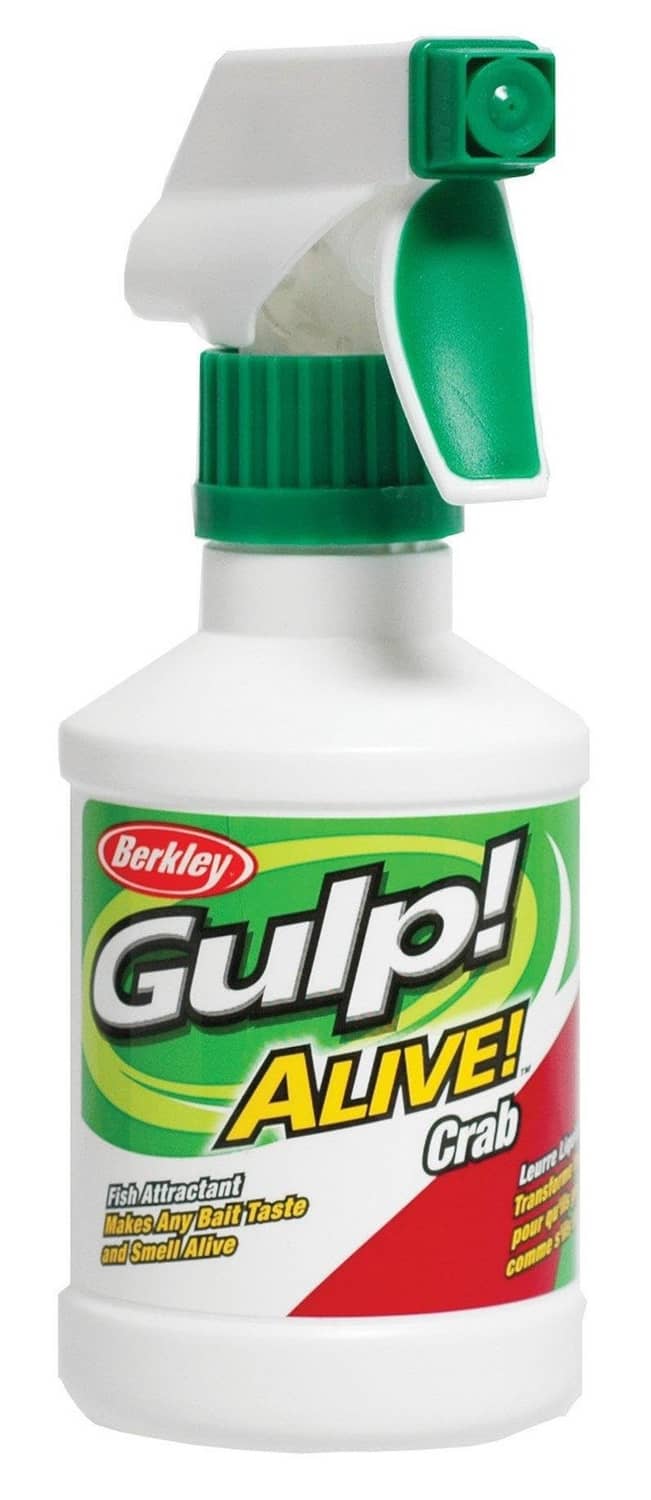 Berkley Gulp Alive crab attractant spray bottle with green trigger, white label