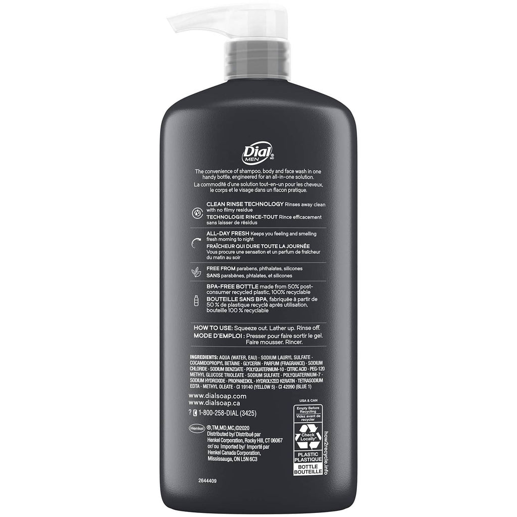 Dial Men dark pump bottle back label with product directions and ingredients
