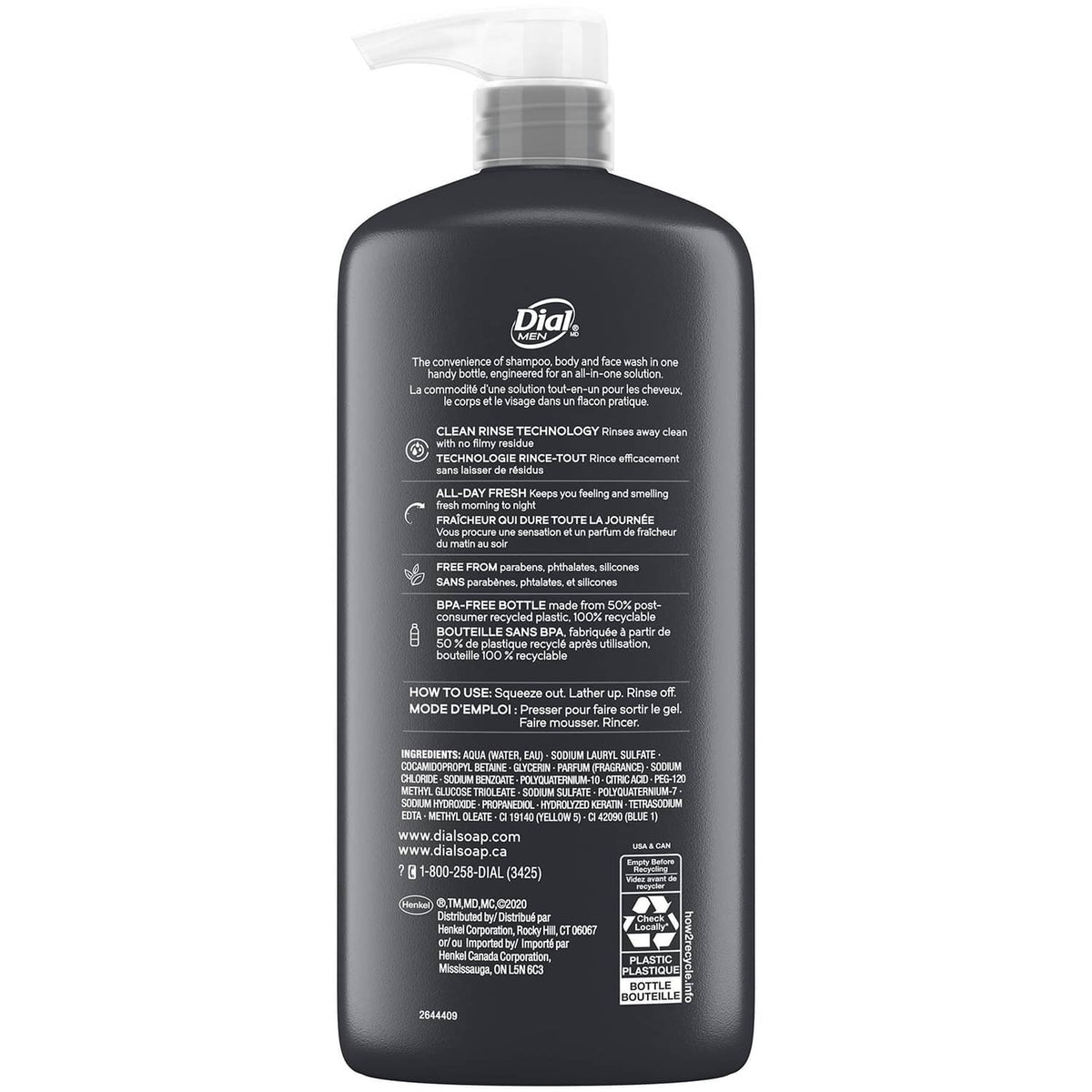 Dial Men dark pump bottle back label with product directions and ingredients