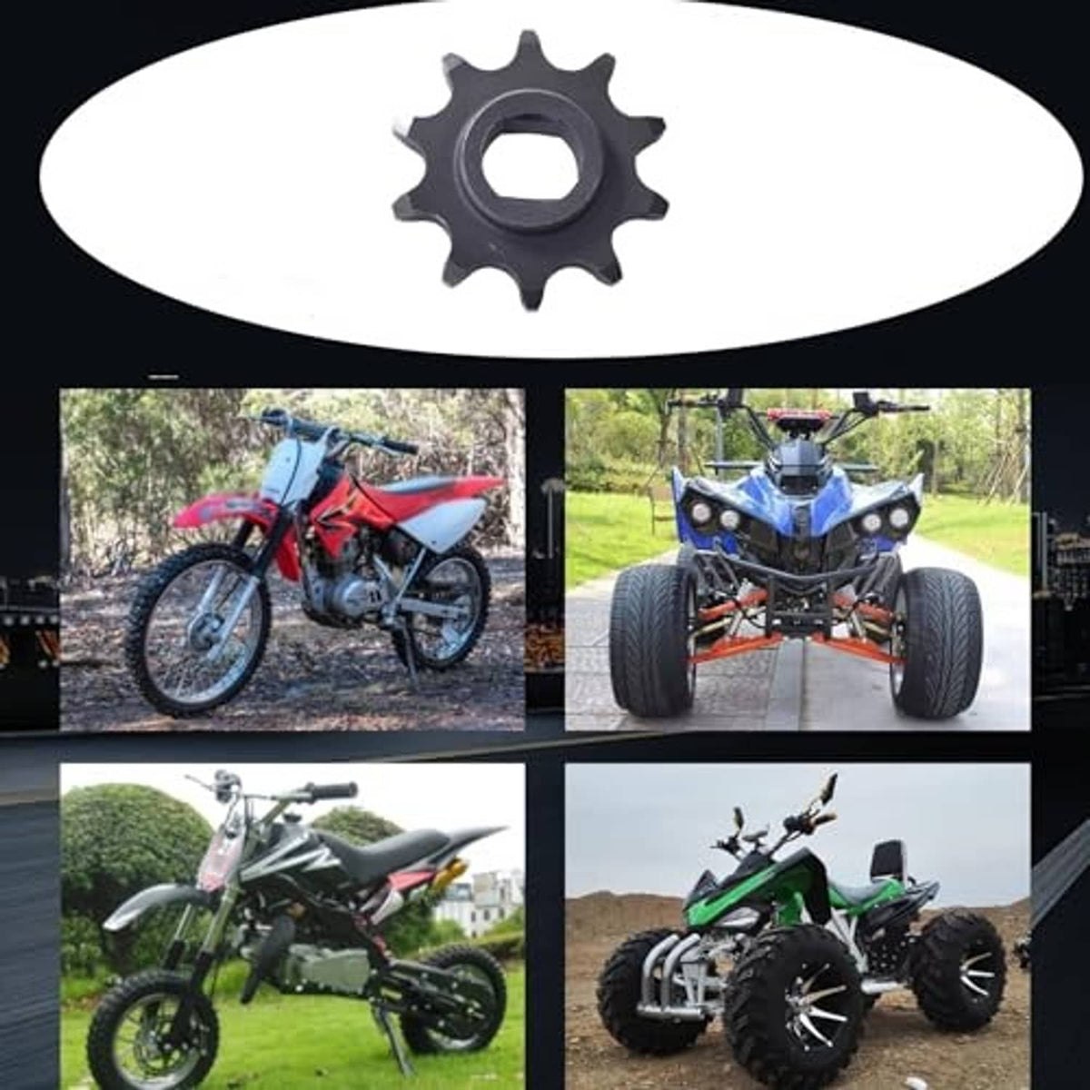 420 10T motor sprocket, dark gray toothed wheel with central mounting hole