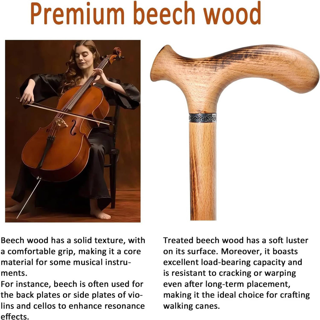 Wooden walking cane with curved handle and black rubber tip, beech wood finish