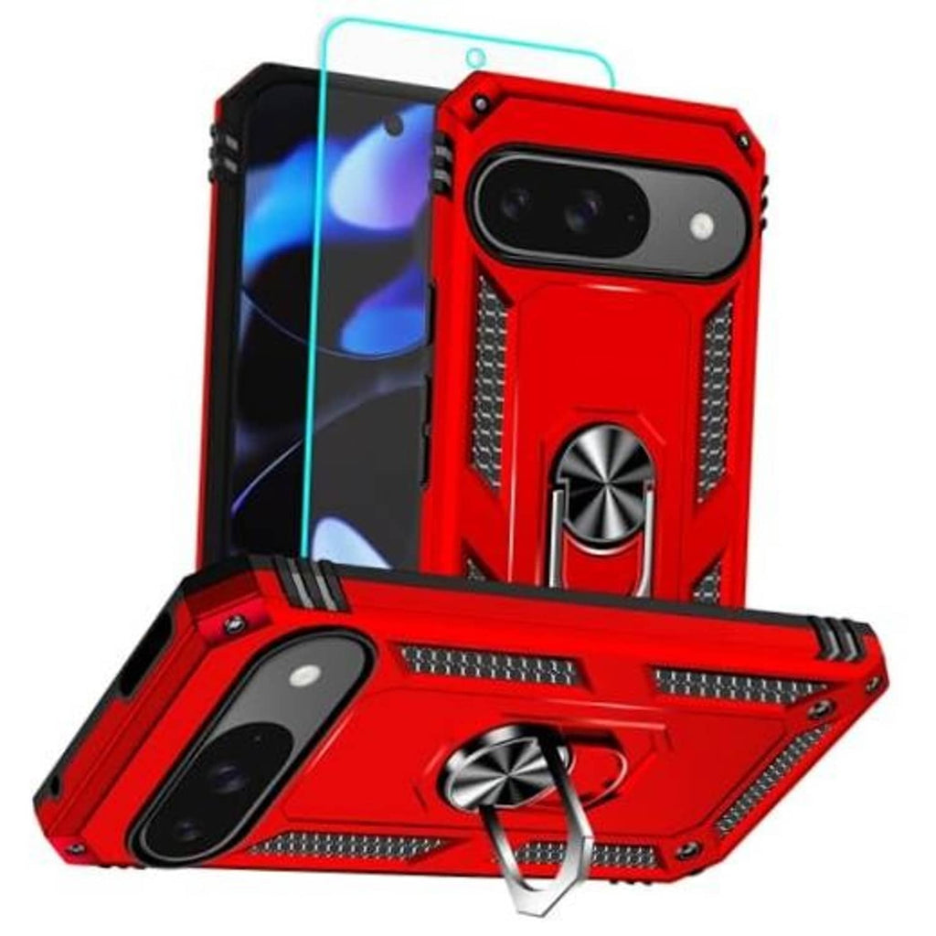 Red rugged phone case with metal ring kickstand, raised camera cutouts, and shockproof edges