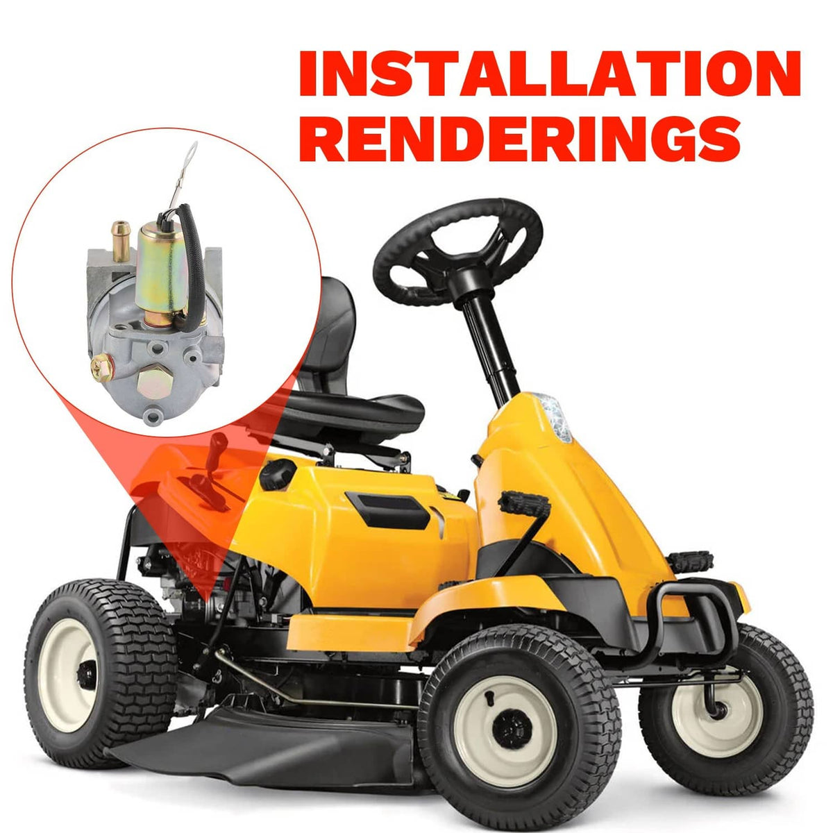 Carburetor kit installation rendering on a yellow lawn mower