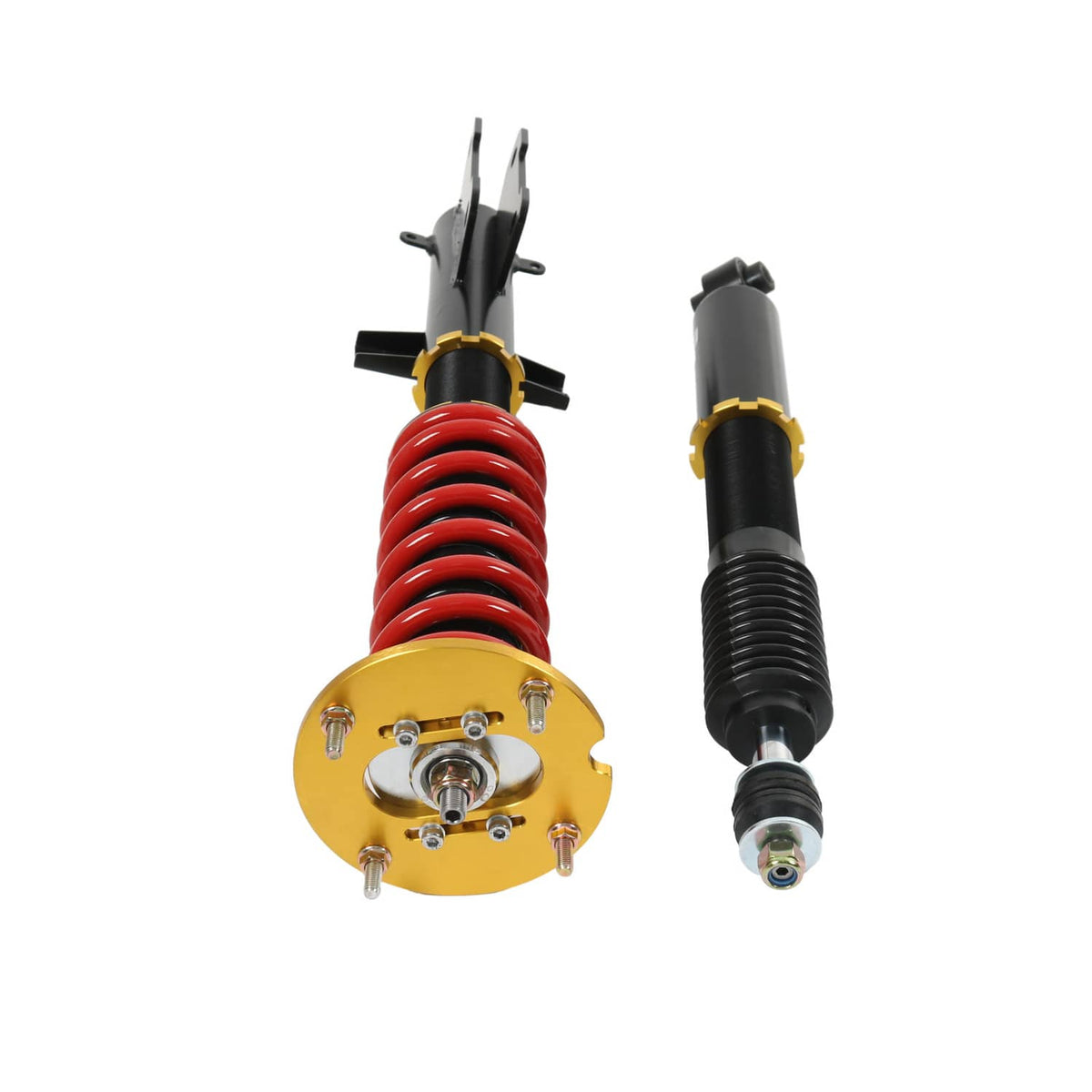 Coilover strut with gold adjustment plate, red spring, and black shock absorber