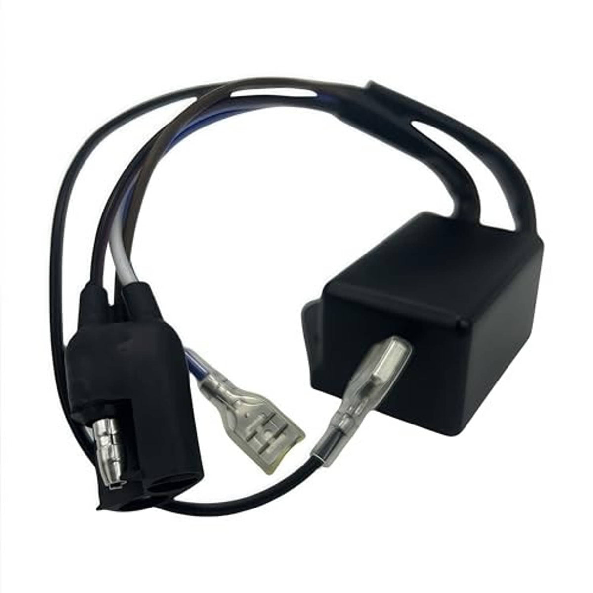 Black CDI box with blue/black wiring harness and silver terminal connectors