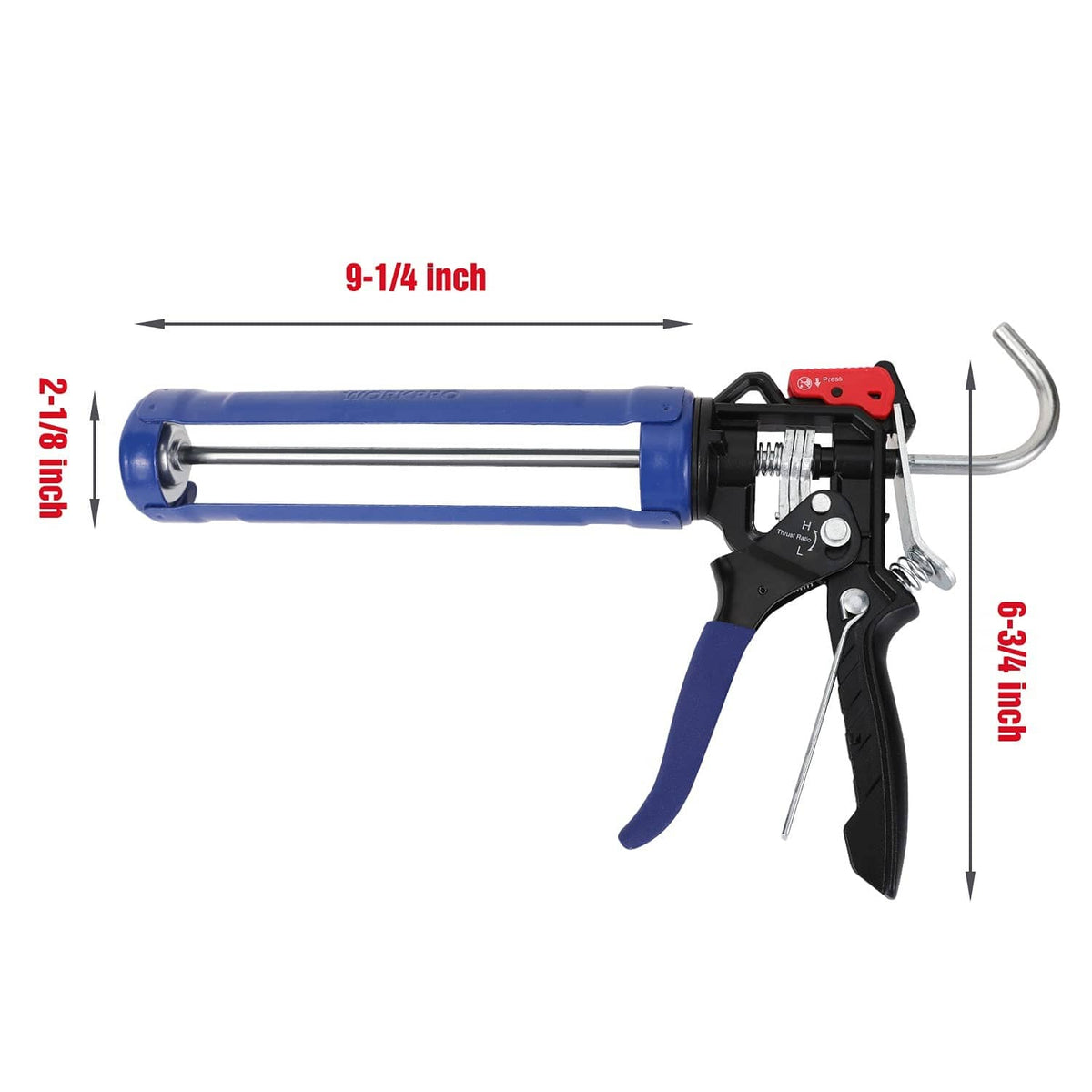 Extended caulking gun with blue barrel and adjustable black dispensing trigger
