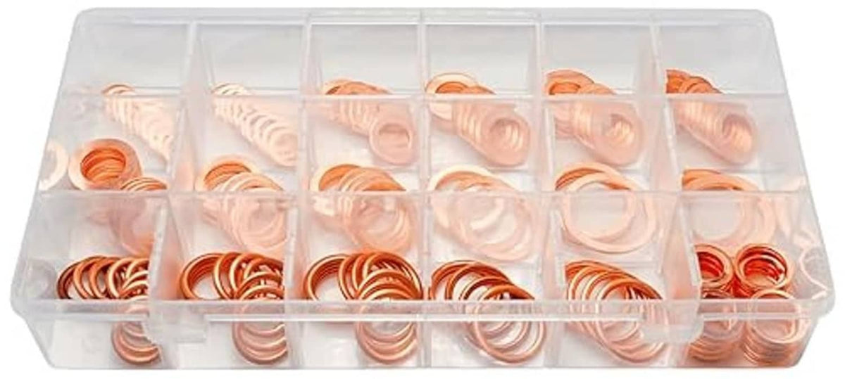 Copper crush washer assortment in clear plastic box with compartments, mixed sizes