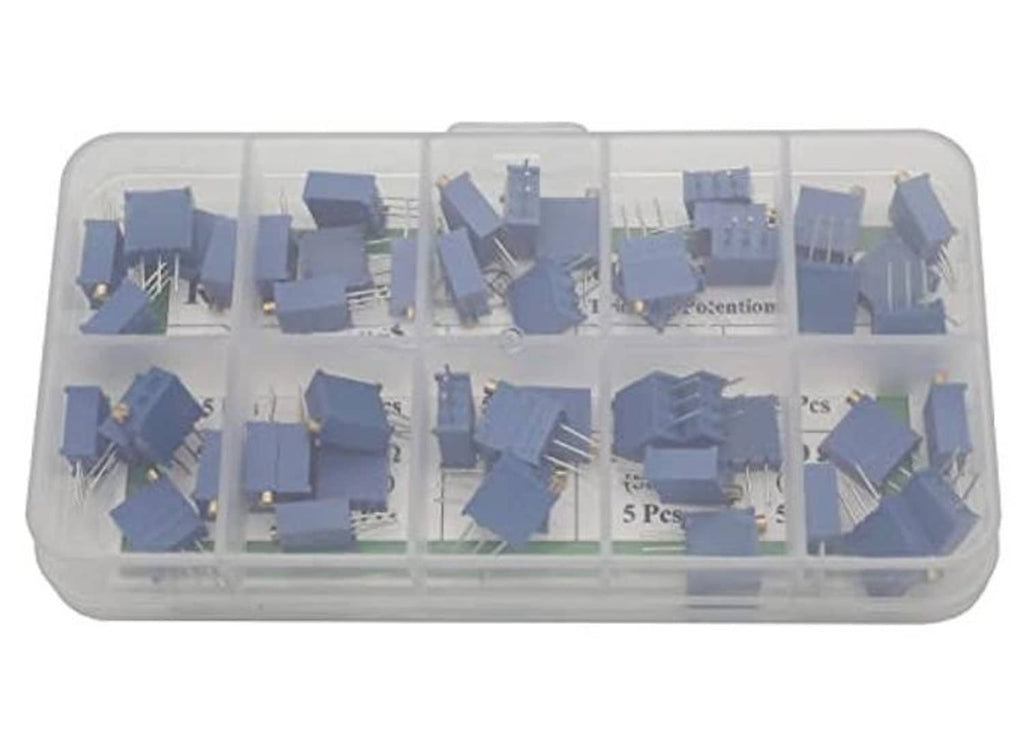 Clear tray holding multiple blue multiturn trimmer potentiometer modules