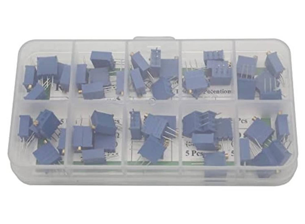 Clear tray holding multiple blue multiturn trimmer potentiometer modules