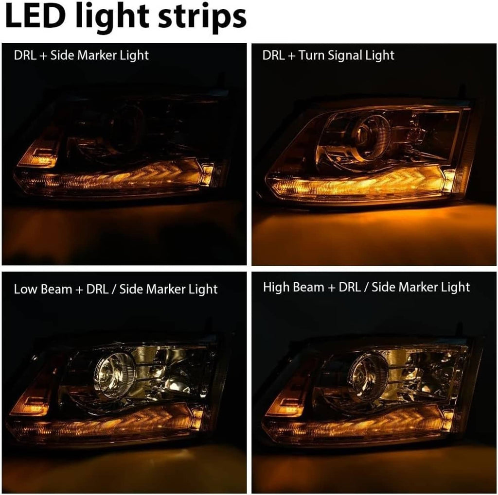 LED light strip headlight patterns showing amber DRL, turn signal, and low/high beams
