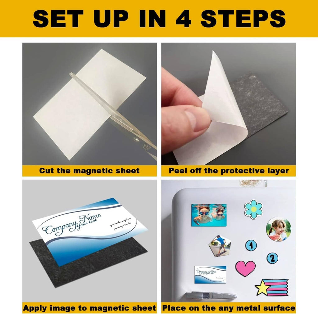 Peel-and-stick magnetic sheet for business cards, cut and apply in four steps
