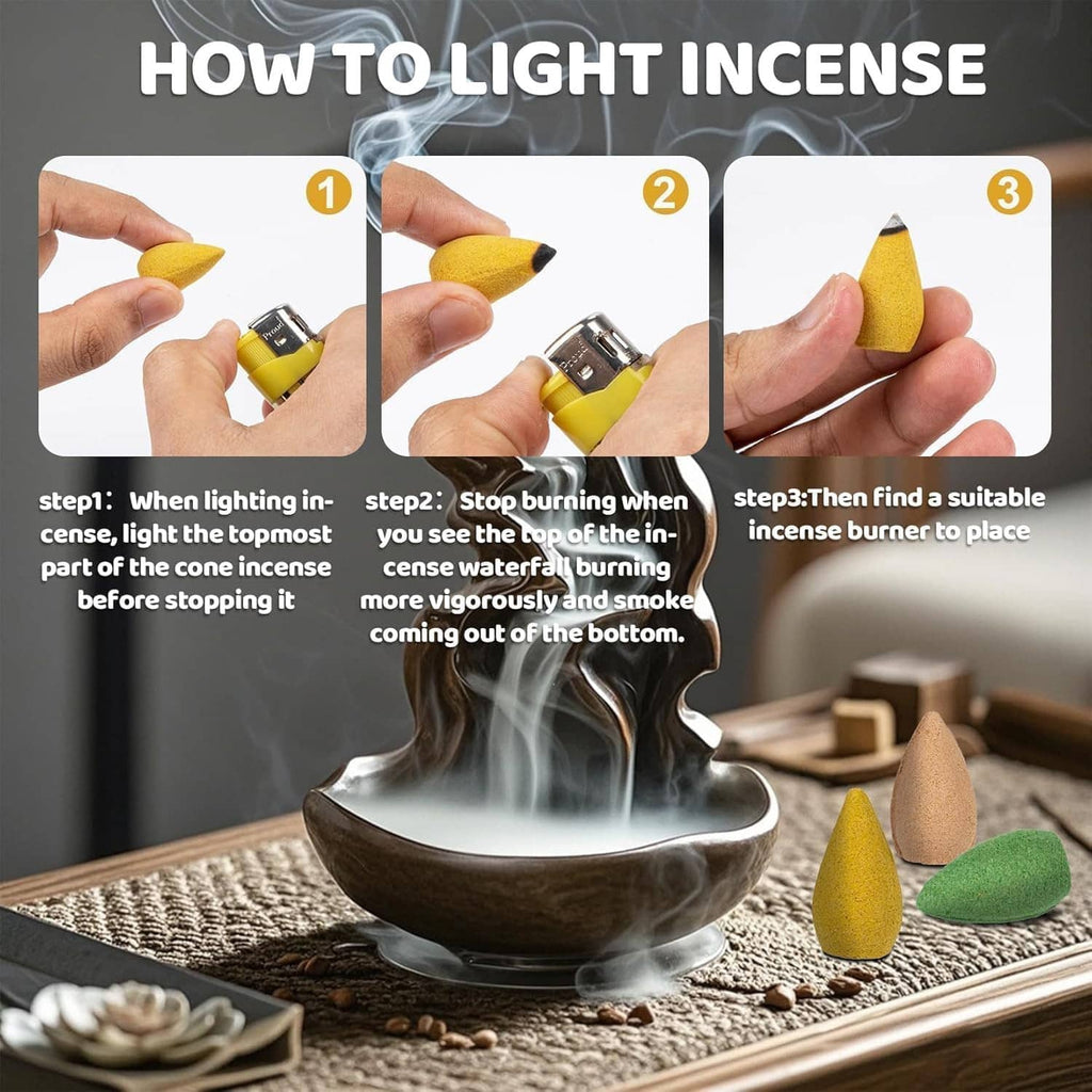 How-to light backflow incense cones with yellow and green cones and a waterfall-style burner