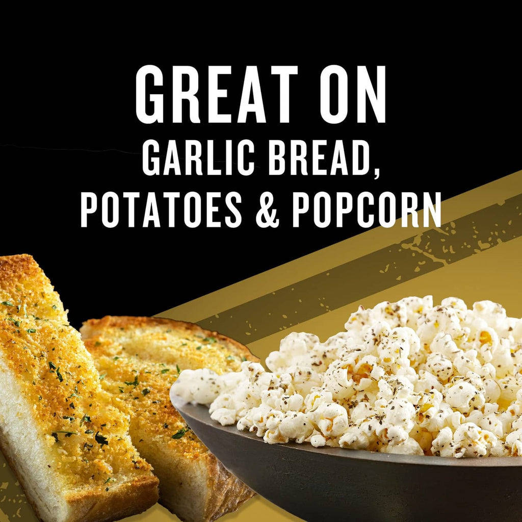Garlic butter seasoning bottle with garlic bread, potatoes, and popcorn