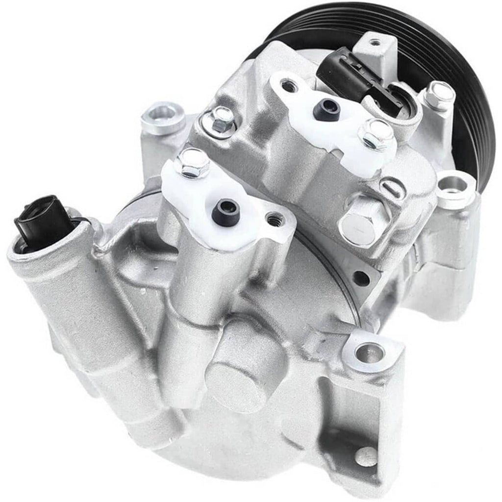 A/C air compressor with black pulley and silver manifold, rear three-quarter view