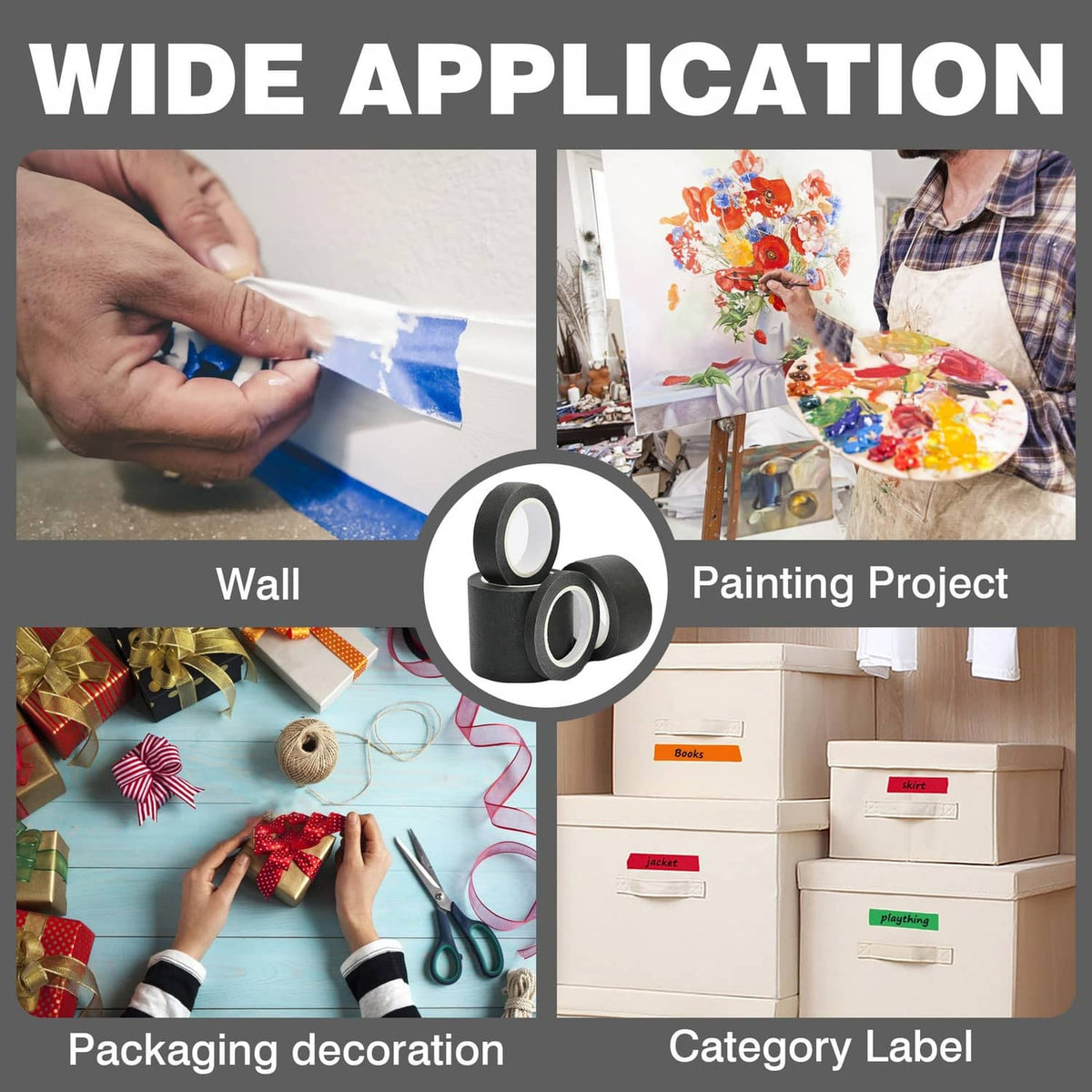 Black masking tape rolls with wide application for wall, painting, and packaging