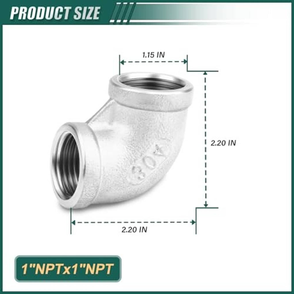 Stainless steel 90-degree elbow fitting with threaded NPT ports on angled ends.
