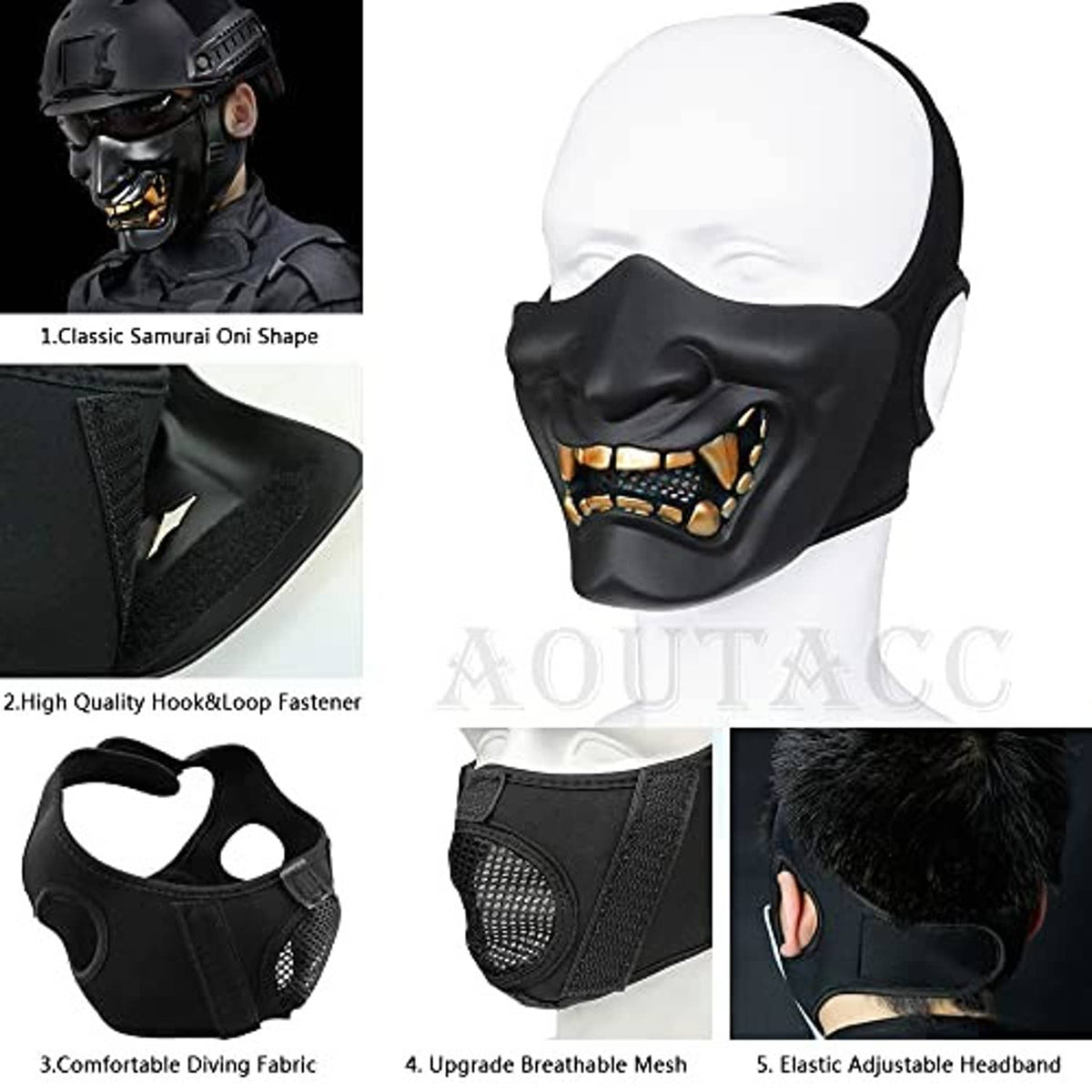Black demon half-face mask with gold teeth on white mannequin head